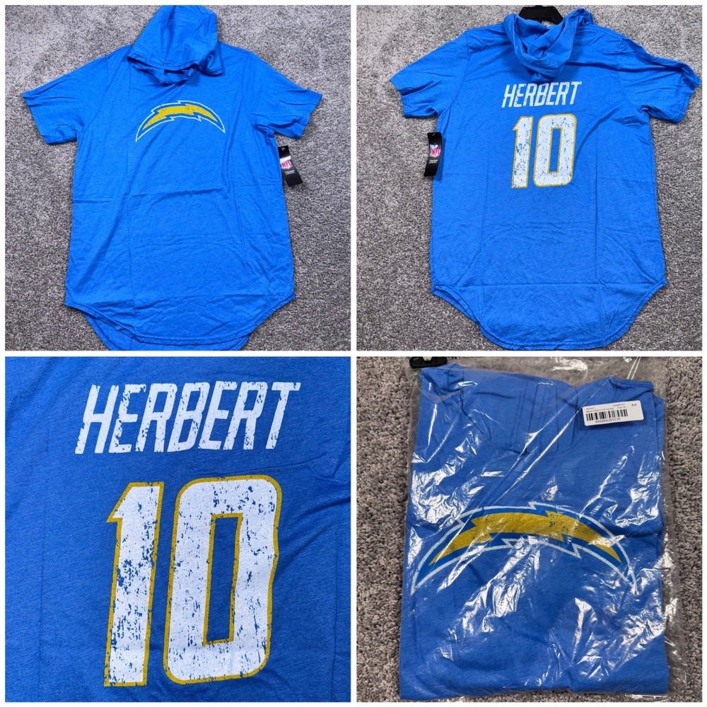 LA Chargers Justin Herbert Majestic Threads Hooded T-Shirt Mens Blue Medium NEW
